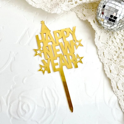 2024 Happy New Year Party Cake Toppers Χρυσό Ακρυλικό Καλά Χριστουγεννιάτικο κέικ Topper για οικογενειακή διακόσμηση επιδόρπιου Πρωτοχρονιάς