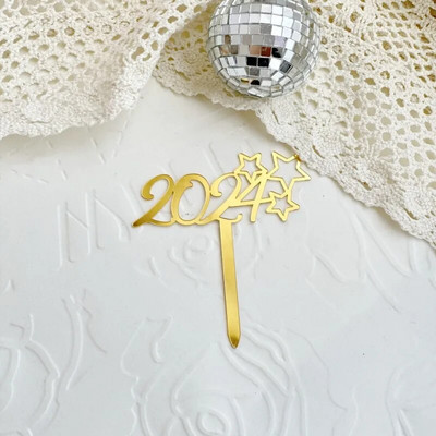 2024 Happy New Year Party Cake Toppers Χρυσό Ακρυλικό Καλά Χριστουγεννιάτικο κέικ Topper για οικογενειακή διακόσμηση επιδόρπιου Πρωτοχρονιάς