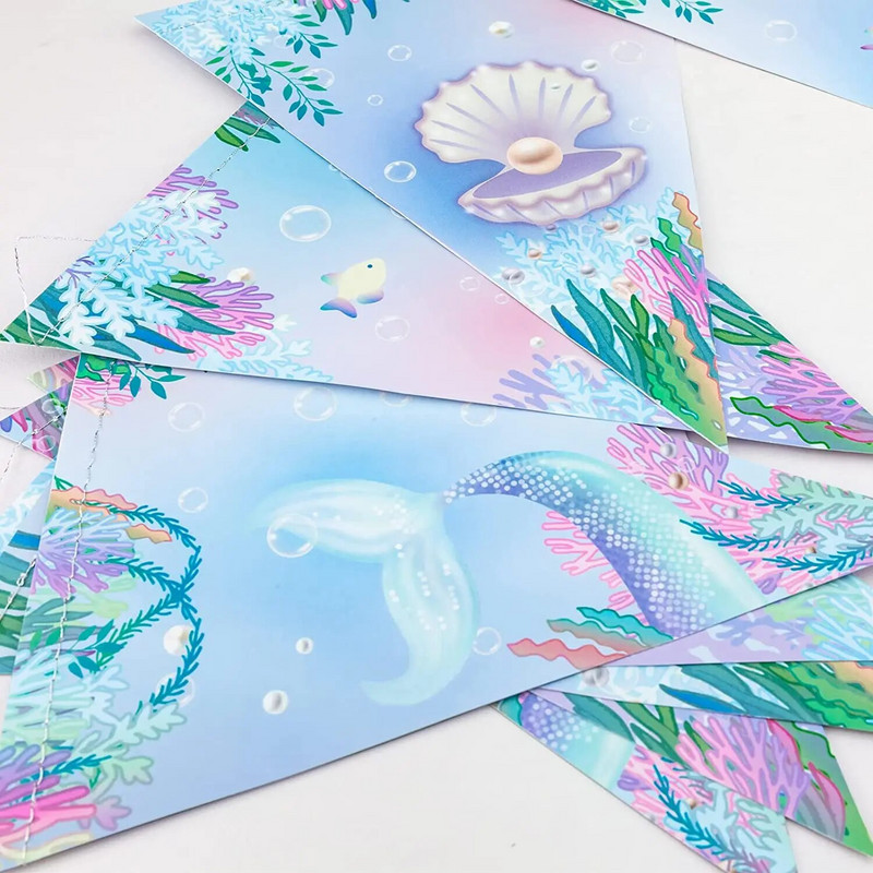 Γιρλάντα 14 Ft Mermaid Party Decor Triangle Flag Garland for Under The Sea Little Mermaid Let`s Be Mermaid Party Κρεμαστή διακόσμηση