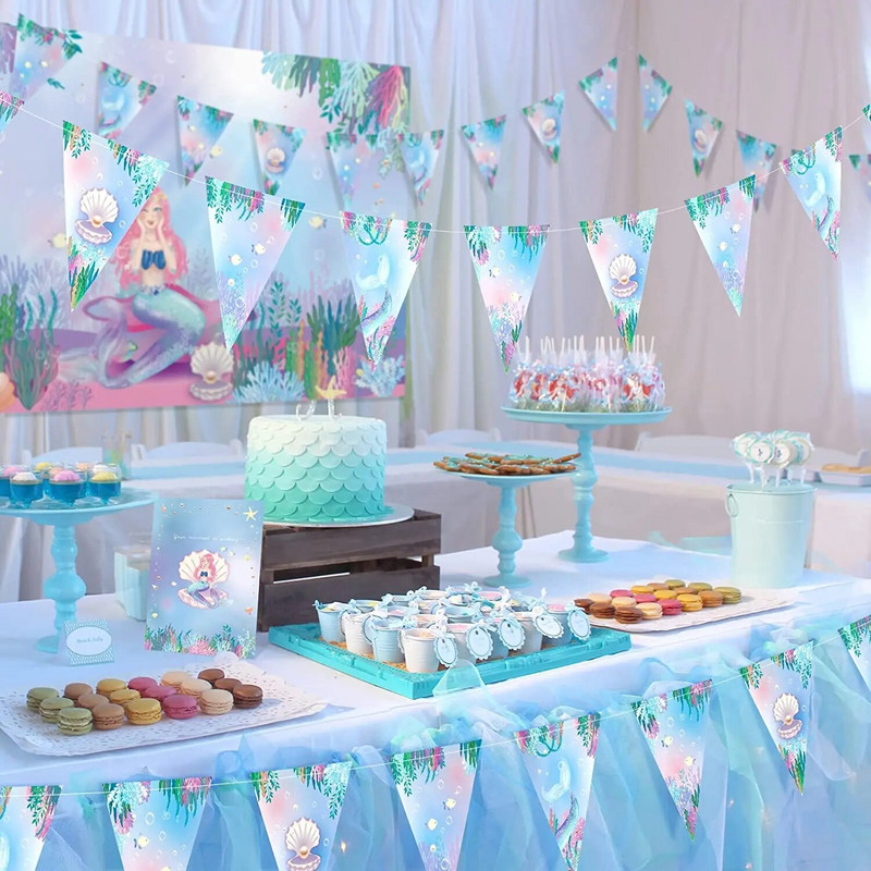 Γιρλάντα 14 Ft Mermaid Party Decor Triangle Flag Garland for Under The Sea Little Mermaid Let`s Be Mermaid Party Κρεμαστή διακόσμηση