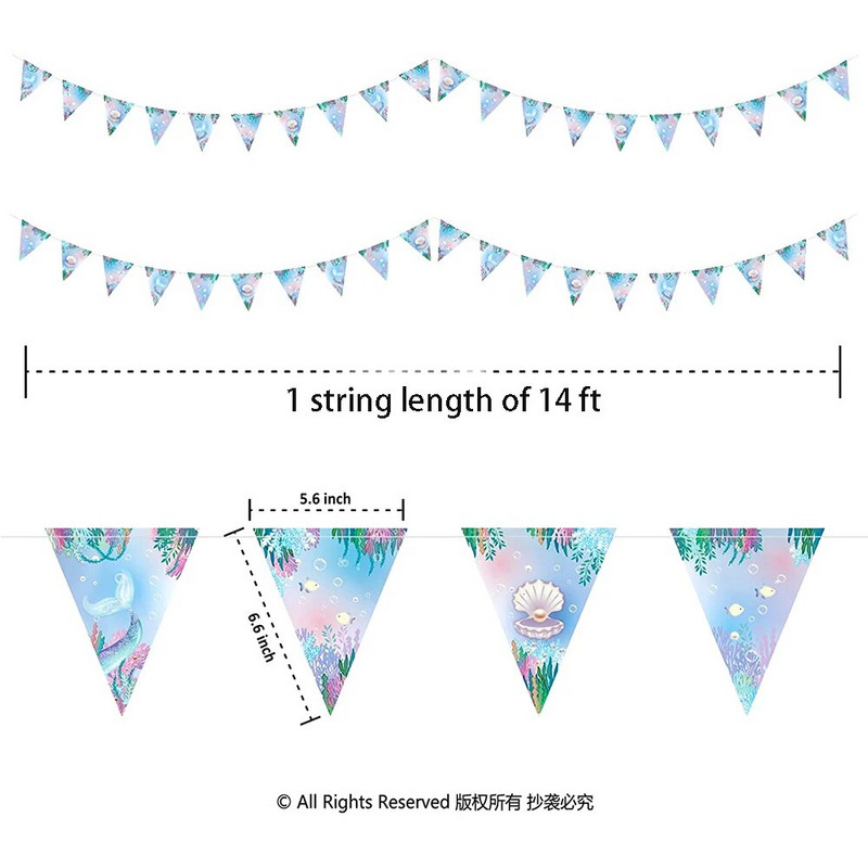 Γιρλάντα 14 Ft Mermaid Party Decor Triangle Flag Garland for Under The Sea Little Mermaid Let`s Be Mermaid Party Κρεμαστή διακόσμηση