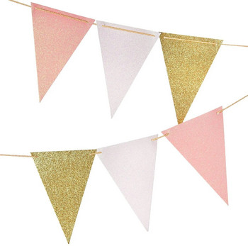 Πανό 10 ποδών από ροζ λευκό χρυσό τρίγωνο γιρλάντα με σημαίες για πάρτι γενεθλίων γάμου και διακόσμηση σπιτιού