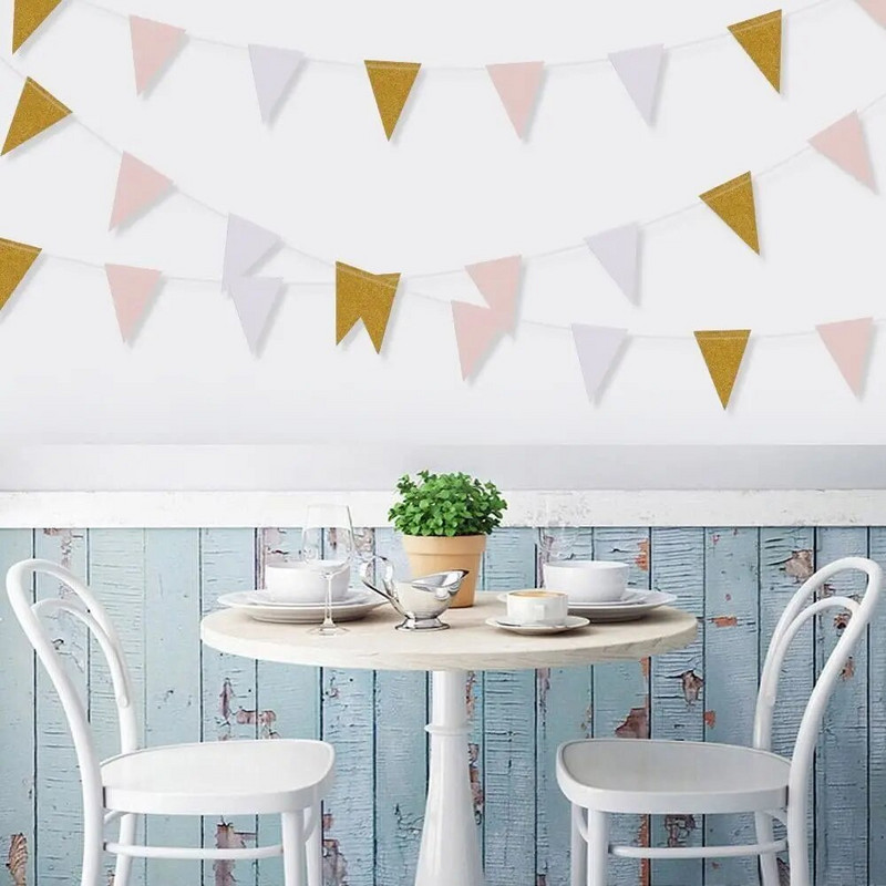 Πανό 10 ποδών από ροζ λευκό χρυσό τρίγωνο γιρλάντα με σημαίες για πάρτι γενεθλίων γάμου και διακόσμηση σπιτιού