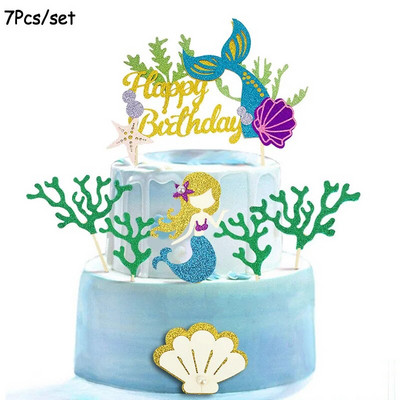 1 Σετ Mermaid Party Happy Birthday Cake Topper Cupcake Toppers Girl Baby Shower Little Mermaid Theme Birthday Party Decorations