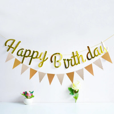 Happy Birthday Rose Gold Paper Banner Garland 1st Baby Shower Bunting Garland Flag Kid Birthday Party Decoration Supplies