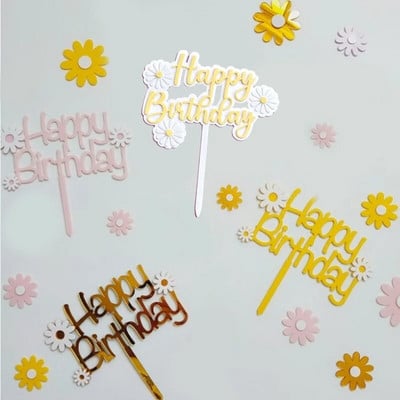 Daisy Flower Happy Birthday Cake Topper Flori de culoare acrilică Scrisoare Tort Desert Inserții Baby Shower Party Birthday Tort Decor