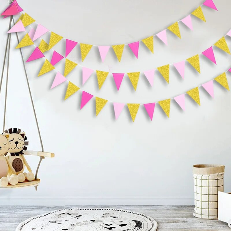 3M Daugiaspalvis rožinis mėlynas popierinis trikampis girliandos reklamjuostės Užuolaidos mergaitei berniukui Kūdikių dušas Gimtadienio vakarėlis pakabinamas kambario dekoravimas