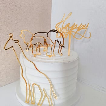 4Pcs Animal Theme Happy Birthday Acrylic Cake Topper Gold Giraffe Toppers Cake Toppers for Baby Birthday Party Cake Decoration