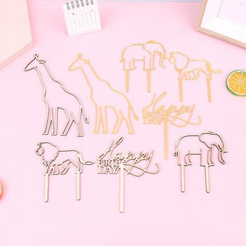 4Pcs Animal Theme Happy Birthday Acrylic Cake Topper Gold Giraffe Toppers Cake Toppers for Baby Birthday Party Cake Decoration