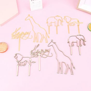 4Pcs Animal Theme Happy Birthday Acrylic Cake Topper Gold Giraffe Toppers Cake Toppers for Baby Birthday Party Cake Decoration