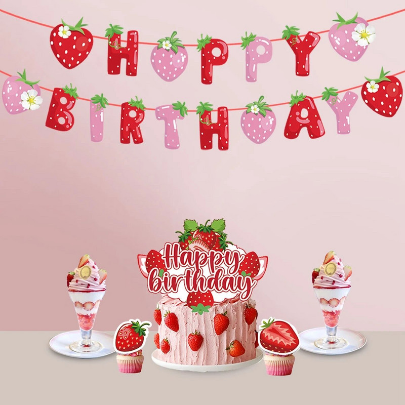 Πανό Strawberry Happy Birthday Banner Berry Sweet Girl για Παιδιά 1ο Καλοκαιρινό Strawberry Birthday Party Decoration Supplies