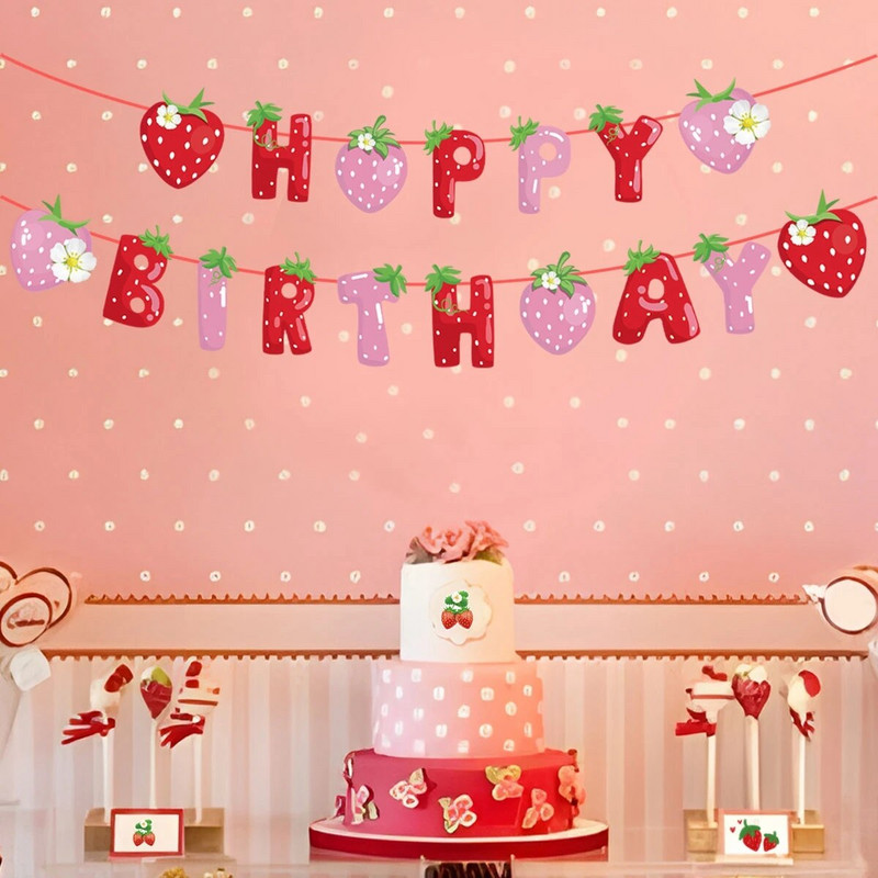 Πανό Strawberry Happy Birthday Banner Berry Sweet Girl για Παιδιά 1ο Καλοκαιρινό Strawberry Birthday Party Decoration Supplies