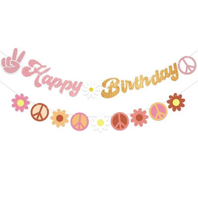 1 ΣΕΤ Hippie Two Groovy Bohemian Rainbow Bus λουλούδια πανό για παιδιά Διακοσμήσεις για πάρτι γενεθλίων Bohemian Hippie Προμήθειες