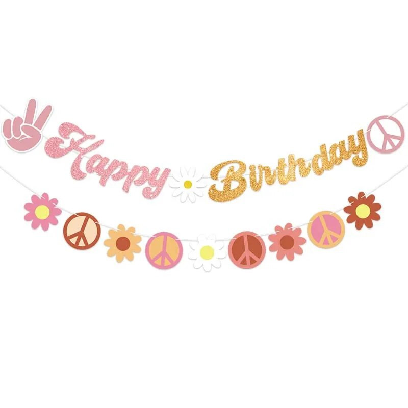 1 ΣΕΤ Hippie Two Groovy Bohemian Rainbow Bus λουλούδια πανό για παιδιά Διακοσμήσεις για πάρτι γενεθλίων Bohemian Hippie Προμήθειες