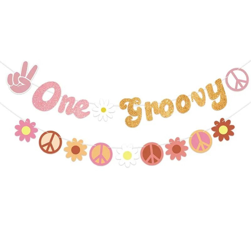 1 ΣΕΤ Hippie Two Groovy Bohemian Rainbow Bus λουλούδια πανό για παιδιά Διακοσμήσεις για πάρτι γενεθλίων Bohemian Hippie Προμήθειες