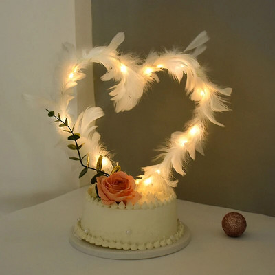 Feather Heart LED Light Tort Toppers Nunta Aniversare petrecere Rechizite Coace Cupcake Desert Topper Decorare Tort