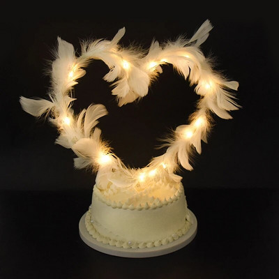 Feather Heart LED Light Toppers Cake Toppers Wedding Birthday Party Προμήθειες Baking Cupcake Επιδόρπιο Topper Διακόσμηση τούρτας