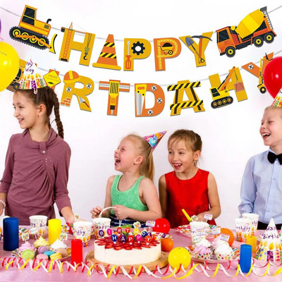 Χαρτί πυροσβεστικής κατασκευής οχημάτων Happy Birthday Bunting Garland Banners Boy Baby Shower Birthday Party Supplies Διακόσμηση