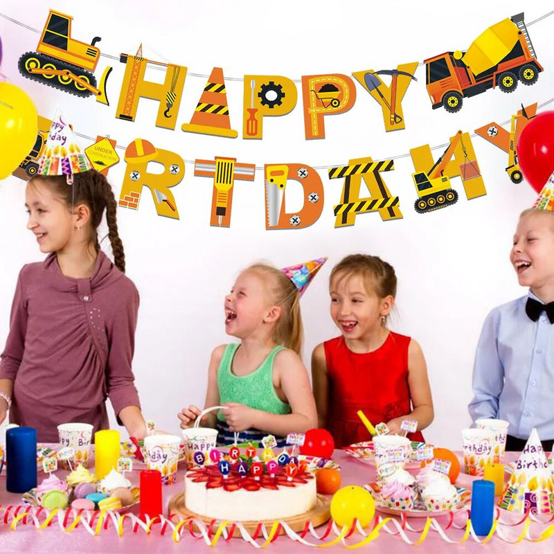 Χαρτί πυροσβεστικής κατασκευής οχημάτων Happy Birthday Bunting Garland Banners Boy Baby Shower Birthday Party Supplies Διακόσμηση