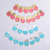 Bronzing Crown Banner Γενέθλια Μπλε Ροζ Χρόνια Πολλά Πανό Πρίγκιπας και Πριγκίπισσας Διακόσμηση για πάρτι για τα πρώτα γενέθλια