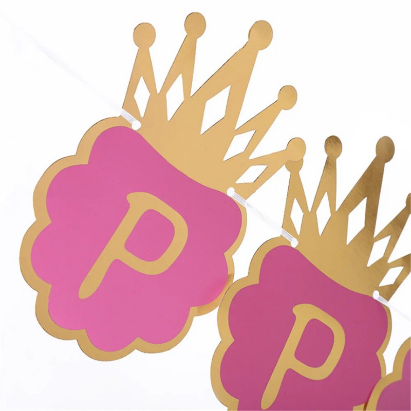 Bronzing Crown Banner Γενέθλια Μπλε Ροζ Χρόνια Πολλά Πανό Πρίγκιπας και Πριγκίπισσας Διακόσμηση για πάρτι για τα πρώτα γενέθλια