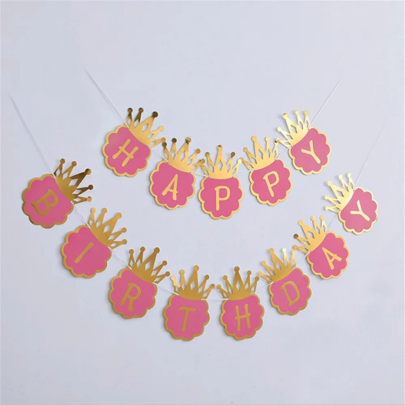 Bronzing Crown Banner Γενέθλια Μπλε Ροζ Χρόνια Πολλά Πανό Πρίγκιπας και Πριγκίπισσας Διακόσμηση για πάρτι για τα πρώτα γενέθλια