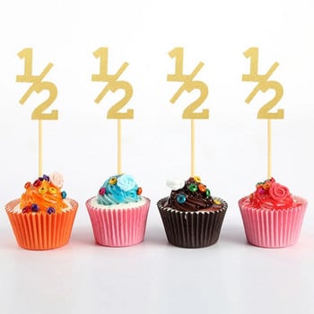 24 τμχ Glitter 1/2 Birthday Cake Toppers Half Birthday Cupcake Toppers 6 Month Angel Cross Baby Shower Cake Decorations Supplies