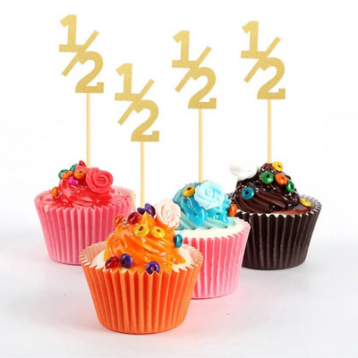 24 τμχ Glitter 1/2 Birthday Cake Toppers Half Birthday Cupcake Toppers 6 Month Angel Cross Baby Shower Cake Decorations Supplies