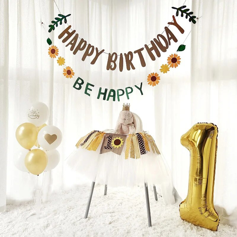 Πράσινα φύλλα Λουλούδια Τραβήξτε σημαία Χρόνια Πολλά Γράμμα Κρεμαστό τσόχα μη υφαντό ύφασμα Πανό Baby Shower Διακόσμηση πάρτι γενεθλίων