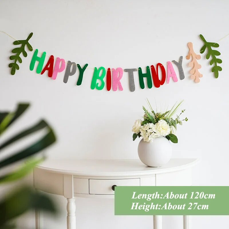 Πράσινα φύλλα Λουλούδια Τραβήξτε σημαία Χρόνια Πολλά Γράμμα Κρεμαστό τσόχα μη υφαντό ύφασμα Πανό Baby Shower Διακόσμηση πάρτι γενεθλίων