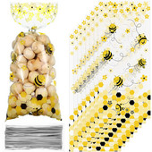 50 τμχ Bee Candy Bags Yellow Honey Διάφανες πλαστικές τσάντες δώρου με 50 ασημένιες στριφτές γραβάτες για παιδιά Διακόσμηση για πάρτι γενεθλίων μελισσών