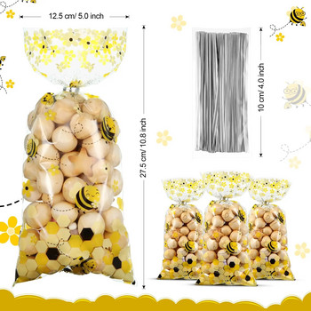 50 бр. Пчелни торбички за бонбони Жълт мед, прозрачни пластмасови торбички за подаръци с 50 сребърни усукани връзки за деца Декорация за парти за рожден ден с пчела