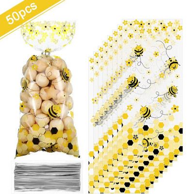 50 τμχ Bee Candy Bags Yellow Honey Διάφανες πλαστικές τσάντες δώρου με 50 ασημένιες στριφτές γραβάτες για παιδιά Διακόσμηση για πάρτι γενεθλίων μελισσών
