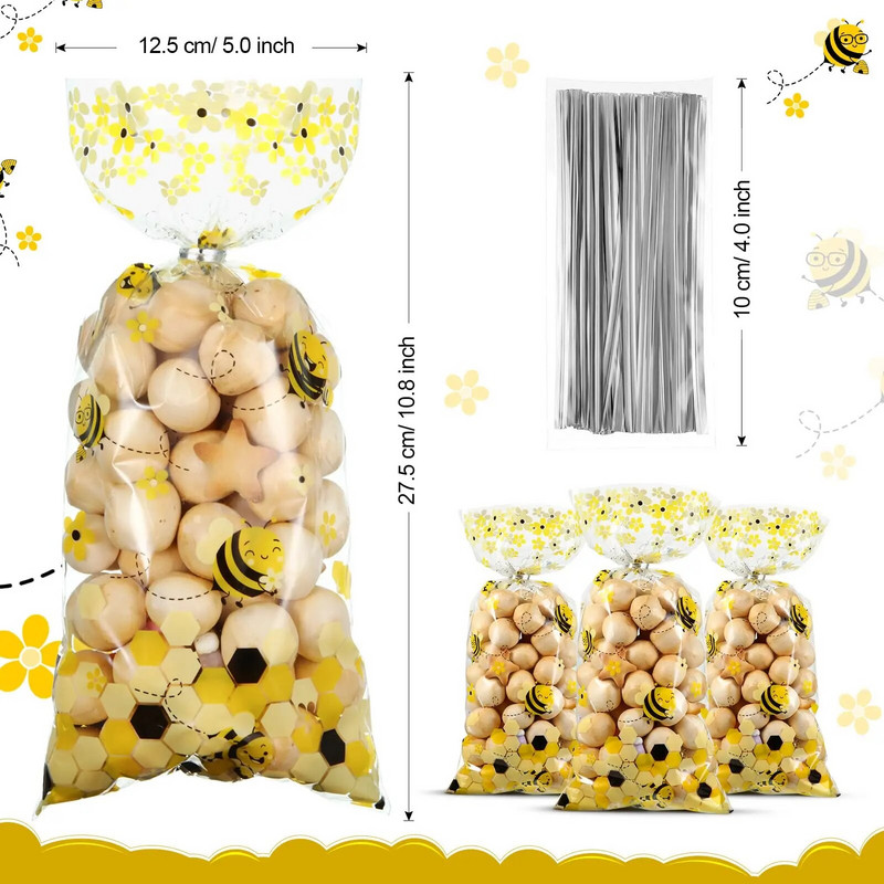 50 τμχ Bee Candy Bags Yellow Honey Διάφανες πλαστικές τσάντες δώρου με 50 ασημένιες στριφτές γραβάτες για παιδιά Διακόσμηση για πάρτι γενεθλίων μελισσών