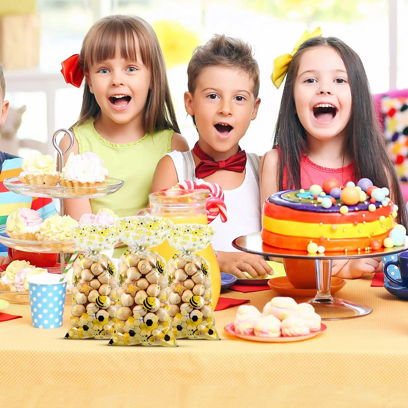50 τμχ Bee Candy Bags Yellow Honey Διάφανες πλαστικές τσάντες δώρου με 50 ασημένιες στριφτές γραβάτες για παιδιά Διακόσμηση για πάρτι γενεθλίων μελισσών