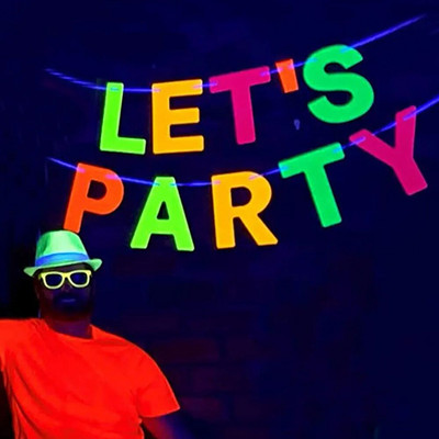 Neon Let`s Party Banner Nagy betűkkel Függő Garland UV Glow Party dekoráció a 70-es 80-as évek 90-es évek témájával Születésnapi parti dekoráció