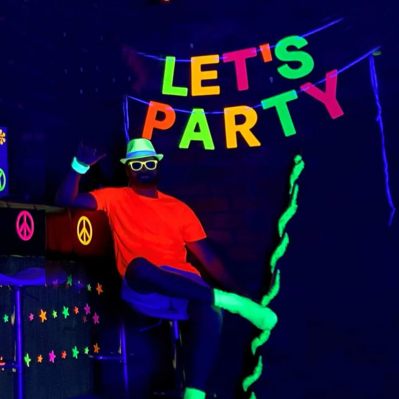 Neon Let`s Party Banner Μεγάλα γράμματα Κρεμαστά Γιρλάντα UV Glow Διακόσμηση πάρτι 70s 80s 90s Θέμα Διακόσμηση πάρτι γενεθλίων