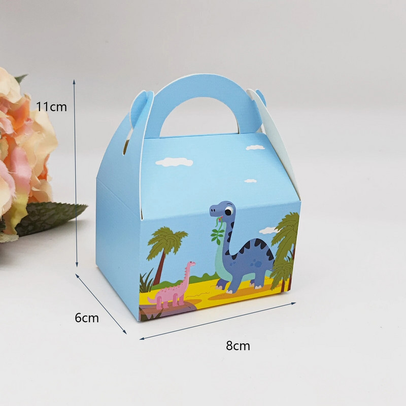 10 vnt Mėlynos rožinės spalvos dinozaurų popierinis saldainių dėžutės krepšys Džiunglių vakarėliui skirtas sausainių dėžutės krepšys, skirtas supakuoti skanėstų vaikams gimtadienio dėžutę
