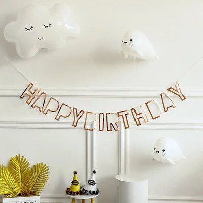Mirror Happy Birthday Banner Bunting Hollow Rose Gold Silver Διακόσμηση γενεθλίων Bunting Beautiful Birthday Banner