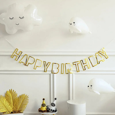 Mirror Happy Birthday Banner Bunting Hollow Rose Gold Silver Διακόσμηση γενεθλίων Bunting Beautiful Birthday Banner