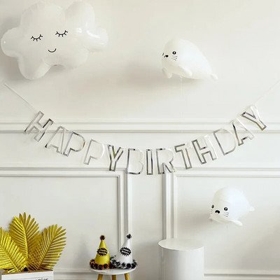 Mirror Happy Birthday Banner Bunting Hollow Rose Gold Silver Διακόσμηση γενεθλίων Bunting Beautiful Birthday Banner