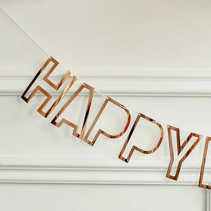 Mirror Happy Birthday Banner Bunting Hollow Rose Gold Silver Διακόσμηση γενεθλίων Bunting Beautiful Birthday Banner