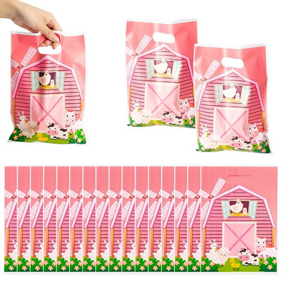50 τμχ Pink Farm Goodie Treat τσάντες με χαριτωμένη λαβή πλαστικές μπομπονιέρες ζαχαρωτών Puoches για πάρτι Επιστροφή Τσάντα δώρου για ντους γενεθλίων