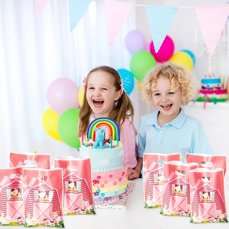 50 τμχ Pink Farm Goodie Treat τσάντες με χαριτωμένη λαβή πλαστικές μπομπονιέρες ζαχαρωτών Puoches για πάρτι Επιστροφή Τσάντα δώρου για ντους γενεθλίων