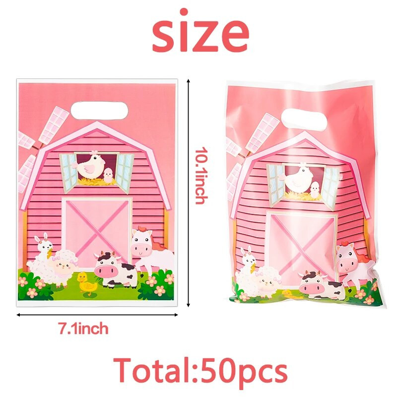 50 τμχ Pink Farm Goodie Treat τσάντες με χαριτωμένη λαβή πλαστικές μπομπονιέρες ζαχαρωτών Puoches για πάρτι Επιστροφή Τσάντα δώρου για ντους γενεθλίων