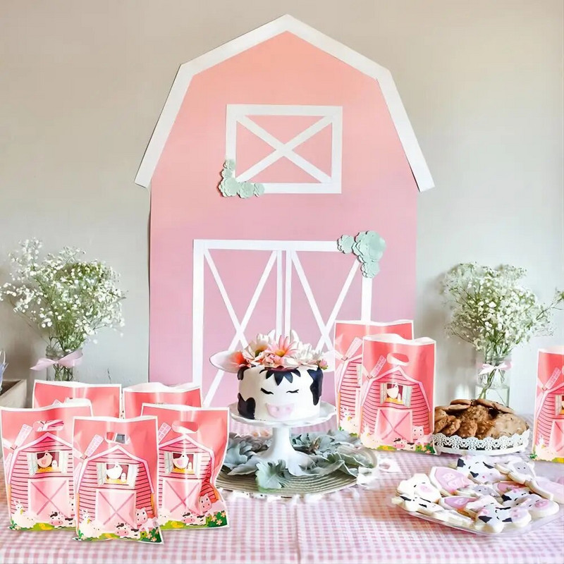 50 τμχ Pink Farm Goodie Treat τσάντες με χαριτωμένη λαβή πλαστικές μπομπονιέρες ζαχαρωτών Puoches για πάρτι Επιστροφή Τσάντα δώρου για ντους γενεθλίων