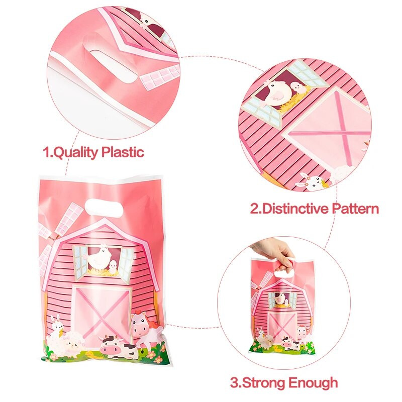 50 τμχ Pink Farm Goodie Treat τσάντες με χαριτωμένη λαβή πλαστικές μπομπονιέρες ζαχαρωτών Puoches για πάρτι Επιστροφή Τσάντα δώρου για ντους γενεθλίων