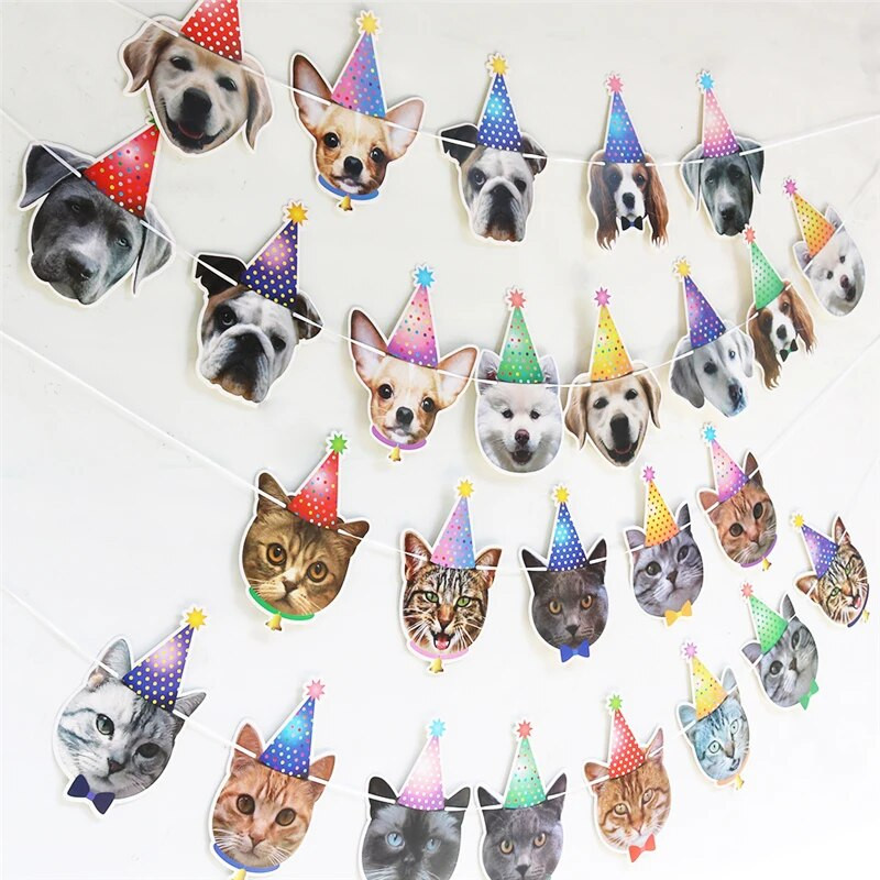 13 Flags Cat Dog Paper Banner Pet Happy Birthday Bunting Garland Decoration Cartoon Animal Dog Cat Theme για πάρτι γενεθλίων