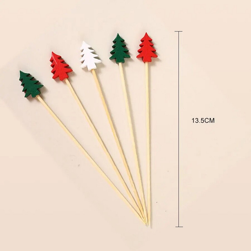 Puošnūs kokteilių rinktukai iš bambuko vaisių maistas šventiniai dantų krapštukai užkandžių iešmeliai mediniai pagaliukai su eglutėmis viršuje