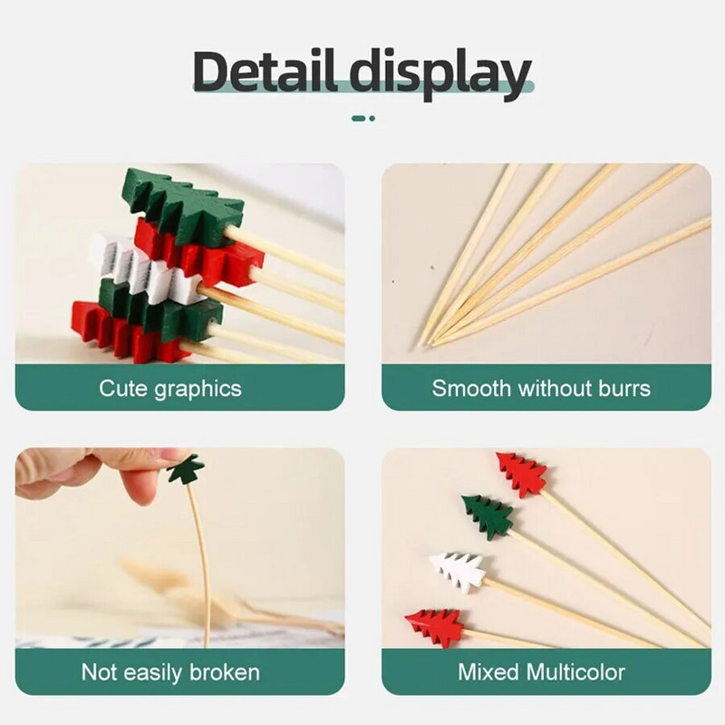 Puošnūs kokteilių rinktukai iš bambuko vaisių maistas šventiniai dantų krapštukai užkandžių iešmeliai mediniai pagaliukai su eglutėmis viršuje